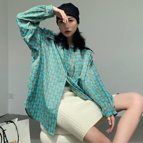 2021 Autumn New Womens Lapel Loose Korean Version of The Printed Top Womens Long-sleeved Green Womens Top Fashion Ladies