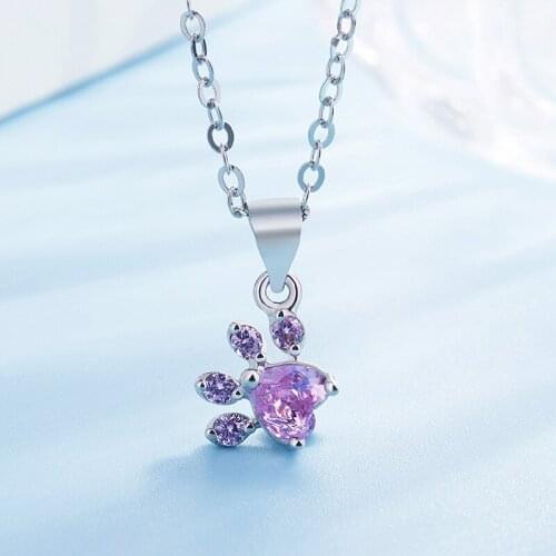 Simple Style Charm Pendants Necklaces Cat Dog Paw Claw Tiny Creative Footprint Female Necklaces Shiny Pink Zirconia Jewelry Gift