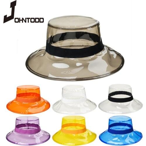 2020 Solid Transparent Womens Bucket Hat Girl Gorras Lady PVC Beach Sunshade Waterproof Rain Hat Plastic Wide Brim Hat