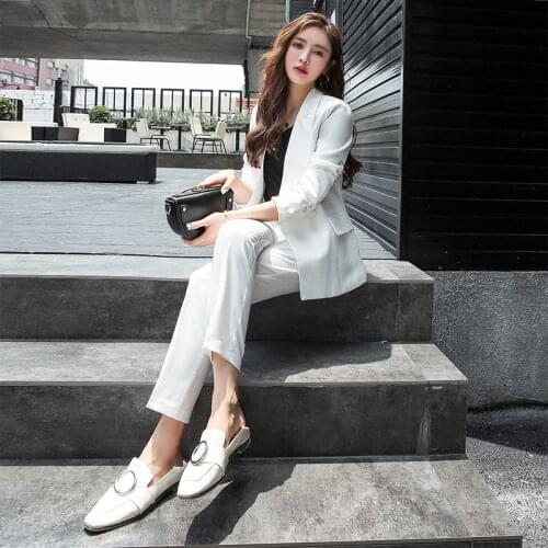 Notched Collar Blazer Jacket & Straight Pants Office Ladies Female Sets Classic Double Breasted White Women Pant Suits