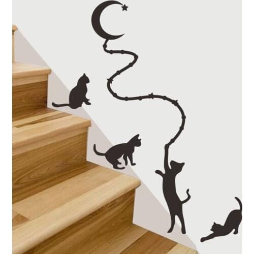 Four cats with the moon Carved Wall Sticker for Living room staircase home decoration Mural Decals wallpaper animal stickers