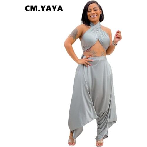 CM.YAYA Women Set Solid Sleeveless Bandage Crop Tops Ankle Length Cross Pants Two 2 Piece Sets Sexy Fashion Outfits Summer 2021