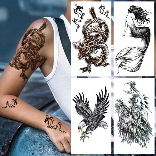 Ferocious Dragon Fake Temporary Tattoo For Men Women Black Mermaid Tattoos Sticker Geometric Eagle Water Transfer Tatoo Armbands