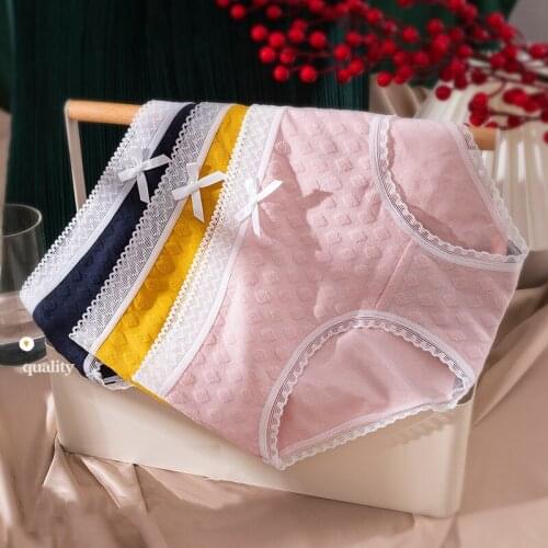 Wasteheart Pink Yellow Fashion Cotton Mid Waist Sexy Lace Bow Women Panties Underwear Lingerie Briefs Seamless Underpants M L XL