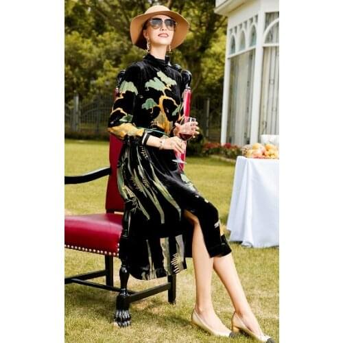 2020 silk dress womens spring and autumn wear new mulberry silk flocking long and medium length dress with thin sleeves
