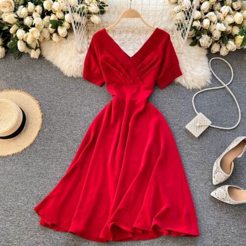 2021 Spring New Retro Vestidos Womens Cross Pleated V-neck Short-sleeved Waist and Thin Platycodon Midi Dress C735