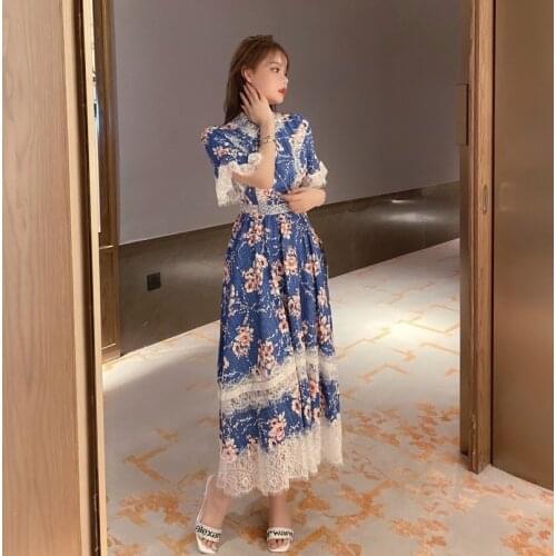2020 Summer Holiday Blue printing Dress Women Flare Sleeve Turn down collar Lace Patchwork Dress Female Beach Flower Dress