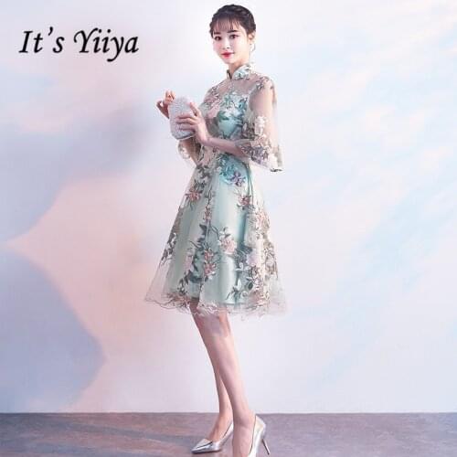Its YiiYa Luxury Light Green Half Sleeve Floral Print Lace Cocktail Dress Knee-Length Formal Dress Party Gown MX022