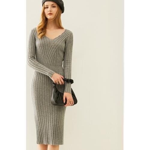 Women 100% Merino Wool Knitted Dresses Vneck Slim Style Longer 3Colors Standard Woolen Jumpers Female Dress Free Shipping