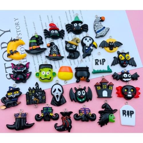 10pcs Resin Flatback Halloween Skull Charm Ghost Spider Pendant for Keychain, Earring, Scrapbooking, Jewelry Making, Necklace
