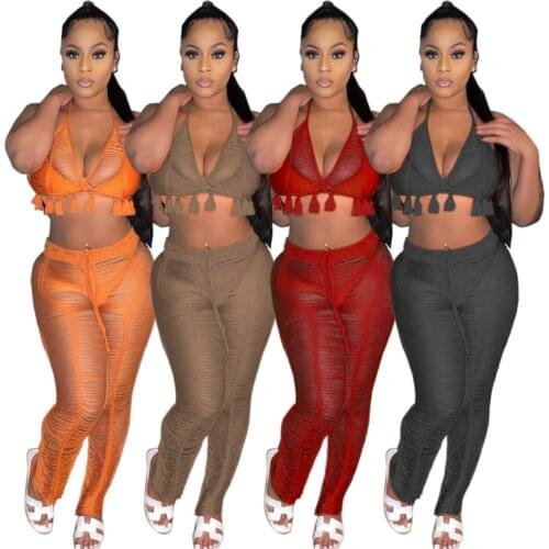 2021 Crochet 2PCS/SET Beach outfit sexy women Tassel Bra Top+Long pants Bikini Swimwear bathing suit cover-ups Beachwear