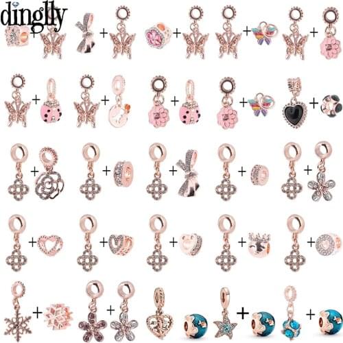 Dinglly 2pcs Rose Gold Flower & Butterfly Charm Beads Pendants Fit Snake Chain Charm Bracelets For Women Fashion Brand Jewelry