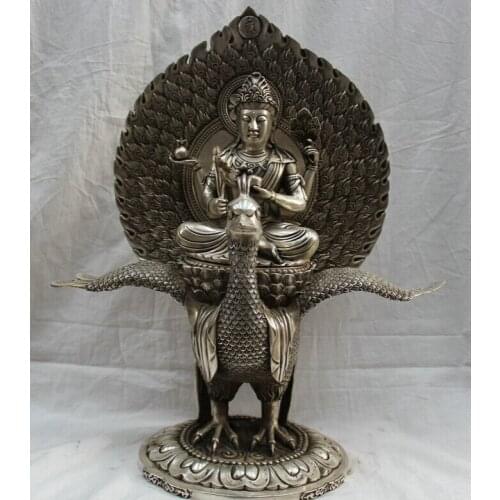 Fast shipping USPS to USA S2396 19" Chinese Buddhism silver 4 Hands Kwan-yin Guan Yin Goddess seat phoenix Statue