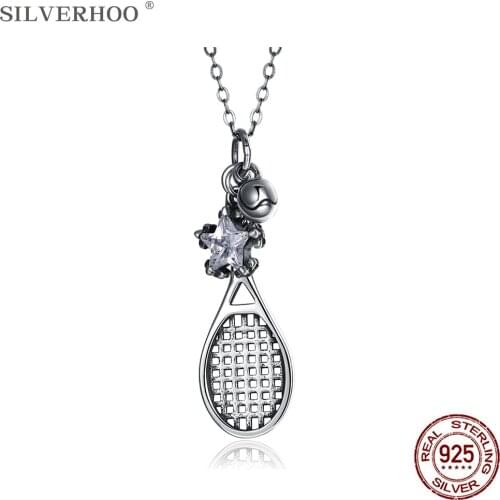 SILVERHOO 925 Sterling Silver Vintage Tennis Racket Pendant Necklaces For Women Shiny Star Cubic Zircon Necklace Charms Jewelry
