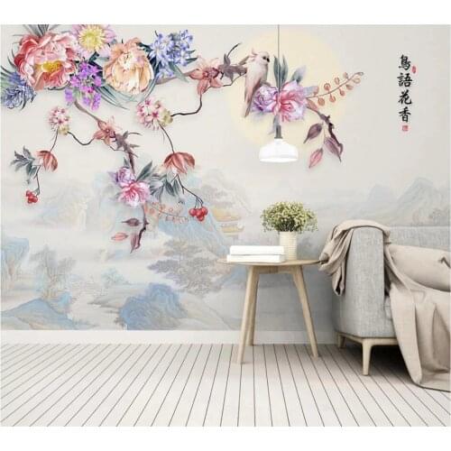 Customized 3d photo wallpaper new Chinese hand-painted flower and bird landscape TV background wall living room decoration обои