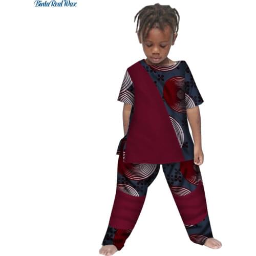 African Boys Tops and Pants Sets Plus Size Bazin Riche African Print Patchwork Shirt and Pants Sets Children Clothing WYT142