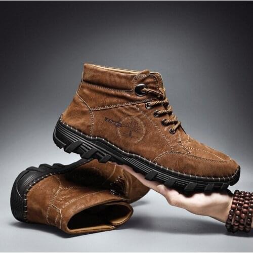 Fashion Brown Mens Boots Handmade Men Leather Boots Designer Sneakers Men Shoes High Top Western Ankle Boots Men Botas Hombre