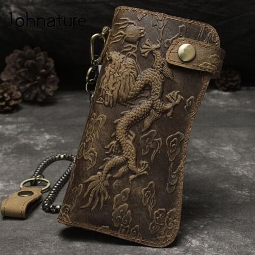 Johnature Retro Men Dragon Hand Wallet 2020 New Cow Leather Anti Theft Long Embossed Wallets Hasp Card Holder Pocket Purse
