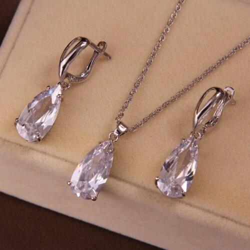 Fashion Bridal Best Gifts Silver Wedding Anniversary Jewelry Sets CZ Crystal Water Drop Pendant Necklace Earrings Set