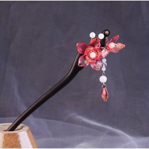 New Retro Chinese Style Hairpins Clips Flower Crystal Long Tassels Handmade Ebony Wooden Hair Fork Women Girls Hair Sticks