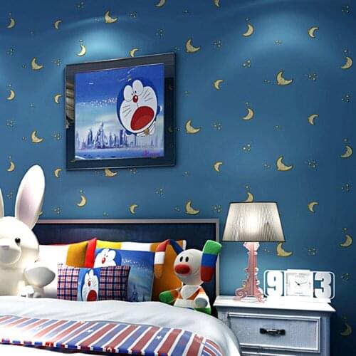 Q QIHANG Modern Cartoon Pattern Stars and Moon Living Room Childrens Room Non-woven Wallpaper Blue Color 0.53m*10m=5.3m2
