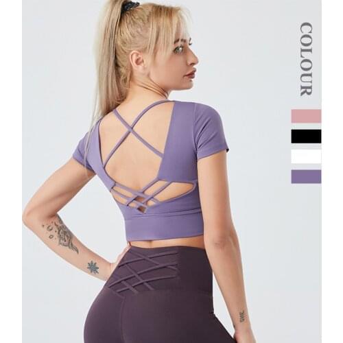 Sports Crop Tops With Pads Women Yoga Shirts Hollow Out Backlessm Fitness Short Sleeve T-Shirts Gym Clothing Workout Tight Tops