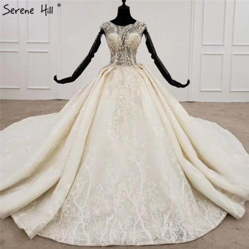 Champagne O-Neck Handmade Flowers Wedding Dresses 2020 Sleeveless Beading Luxury Bridal Gowns HX0094 Custom Made