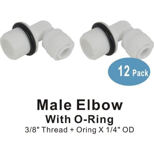 Male Elbow 3/8" Thread O-ring Seal x 1/4" Quick Connect Fitting Parts for RO Systems and Water Filters - 12 PACK