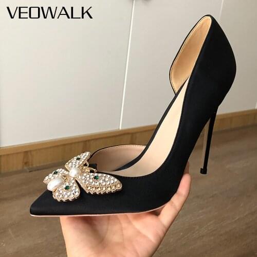 Veowalk Rhinestones Butterfly Decor Women Black Satin Pointy Toe D'Orsay Stiletto Pumps Elegant Ladies High Heel Party Shoes