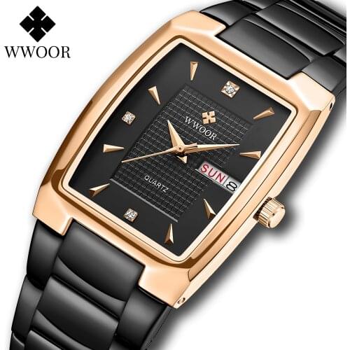 WWOOR 2021 Business Men Watches with Stainless Steel Black Waterproof Quartz Watch Men Fashion Square Auto Week Date Wrist Watch