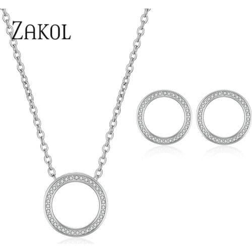 ZAKOL Hot Sale Rose Gold Color Circle Zirconia Crystal Fashion Earrings Necklace Set For Elegant Women Wedding Jewelry FSSP3016