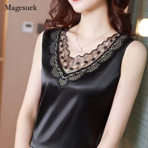 Summer Plus Size Women Sling Blouse Embroidery Satin Vneck Loose Blouse for Women Silk Casual Elegant Sleeveless Top Blusa 14865