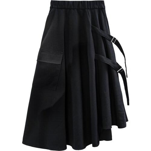 Summer High Waist Strap Buckle Lady Pleated Harajuku Skirts Black Gothic Punk Girl Street Long Skirt Cool Korean Fashion Clothes