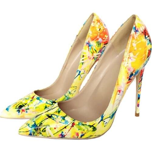 Women pumps printing yellow flowers shoes sexy pointed toe thin high heel party wedding shoes 12cm stilettos QP008 CHENSIR9