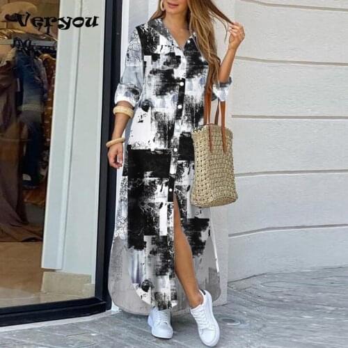 Fashion Women Long Sleeve Shirt Dress Spring Printed OL Long Dresses Ladies Turn-down Collar Loose Sundress Party Dresses