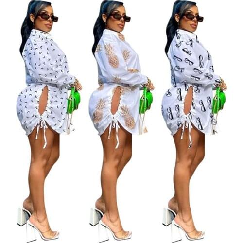 RStylish 2021 New Arrivals Autumn Women Print Casual Long Sleeve Single-Breasted Sides Drawstring High Waist Shirt Mini Dress