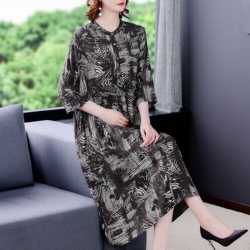 2021 Summer Loose Print Mulberry Silk Midi Dress Women Casual Vintage 4XL Plus Size Chiffon Dress Elegant Bodycon Party Vestidos