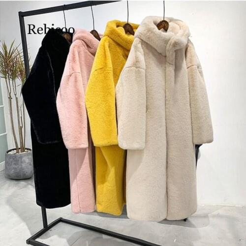 Winter Warm hooded Large size Medium length Solid color Fur & Faux Fur Women New Casual Long sleeve Women Fur coat