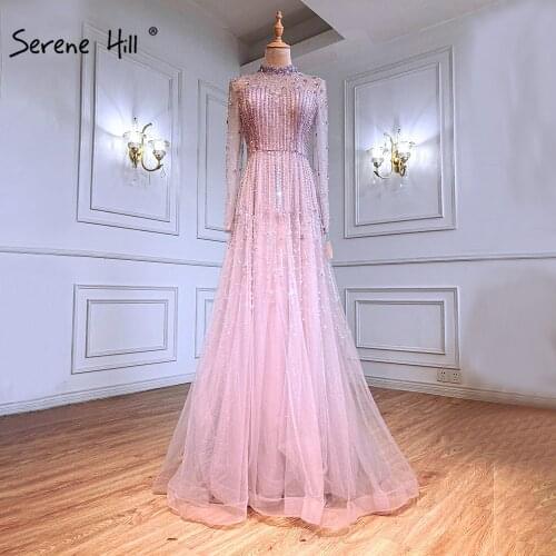 Serene Hill Pink Luxury Crystals Beaded Evening Gown 2021 High Neck Long Sleeves For Muslim Women Formal Party Dress CLA71227A
