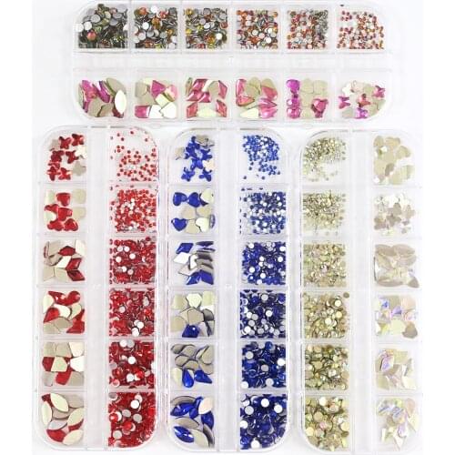 1Box 3D Mix Shape Crystal Rhinestone Nail Art Decoration 12 Girds Multi-Shape Glass Flat Back Diamond AB Color Manicure Charms