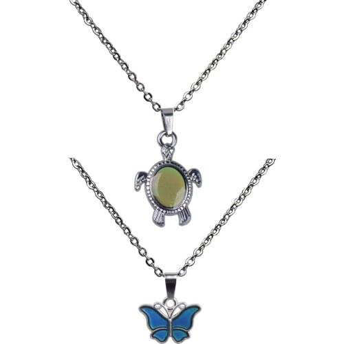 2 Pieces/Pack Mini Butterfly Turtle Pendant Color Change Emotion Mood Lady Mens Long Chain Necklace