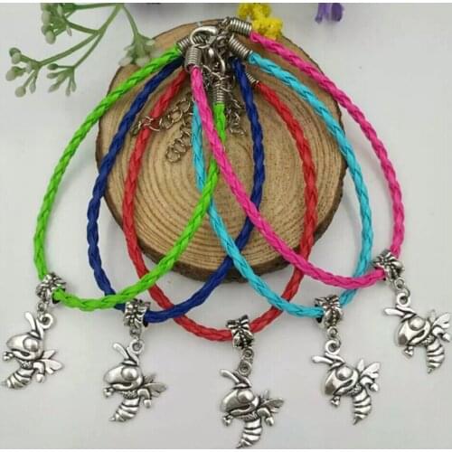 20 Pcs / Lot Bumblebee Bumble Bee Dangle Bead Pendant Mixed Color Leather Braided Rope Bracelets & Bangles Womens Jewelry