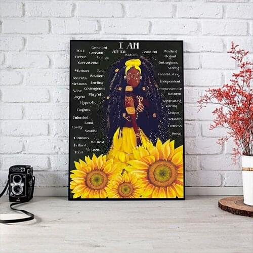 Feminist Nursery Art Women Sunflower Poster Wall Art Canvas Painting Prints I am Black Girl Quote Modern Pictures Living Room