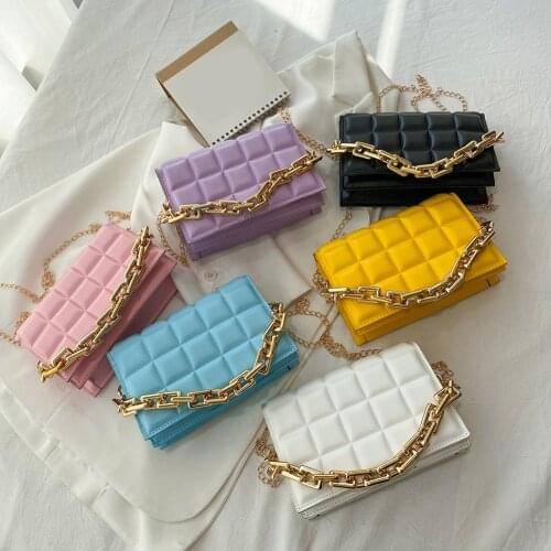 Ins Trend Women Checker Pattern PU Messenger Bag Casual Thick Chains Handbags Korea Style Sweet lady Messenger Shoulder Bags