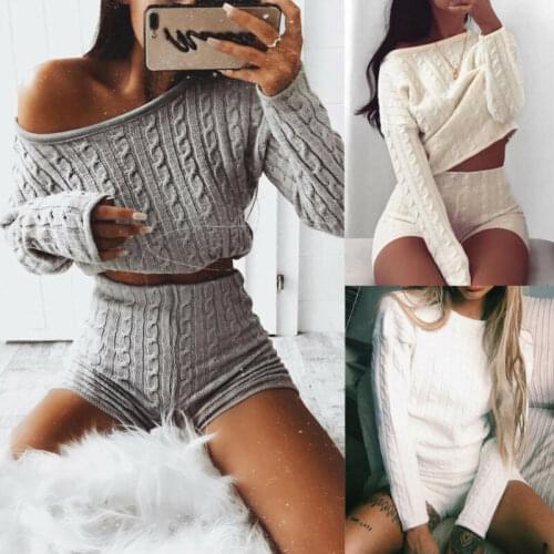 2Pcs Womens Co Ord Knitted Crop Top Bottpms Set Lounge Wear Tracksuit Sport Suit