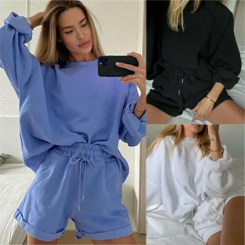 2PCS Women Casual Long Sleeve Hoodie Top + Shorts Set Ladies Lounge Wear Tracksuit UK