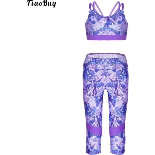 TiaoBug Summer 2Pcs Kids Girls Suit U Neck Spaghetti Straps Cropped Top Pants Set Sportswear For Running Gym Yoga Dance Sport