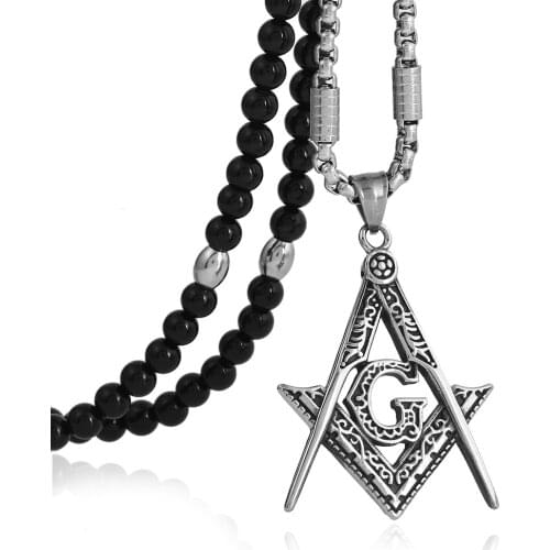 Punk 316L Stainless Steel Masonic Symbol Pendant Necklace with Black Natural Stone Chain 26" for Men Jewelry