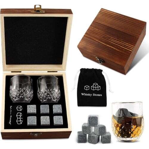J2FB Whiskey Glass Set with 6 Pcs Whiskey Bourbon Chilling Stones in Wooden Box Fathers Day Christmas Birthday Anniversary