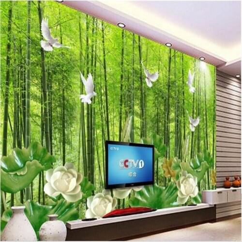 Beibehang Customized wallpaper high bamboo forest lotus jade carving background wall large lotus glass background wall